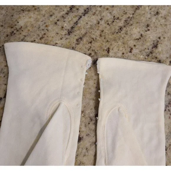 New? Vintage One Size Fits Cream Stretch Nylon Formal 8" Gloves Silver Tone Bead - Picture 9 of 16